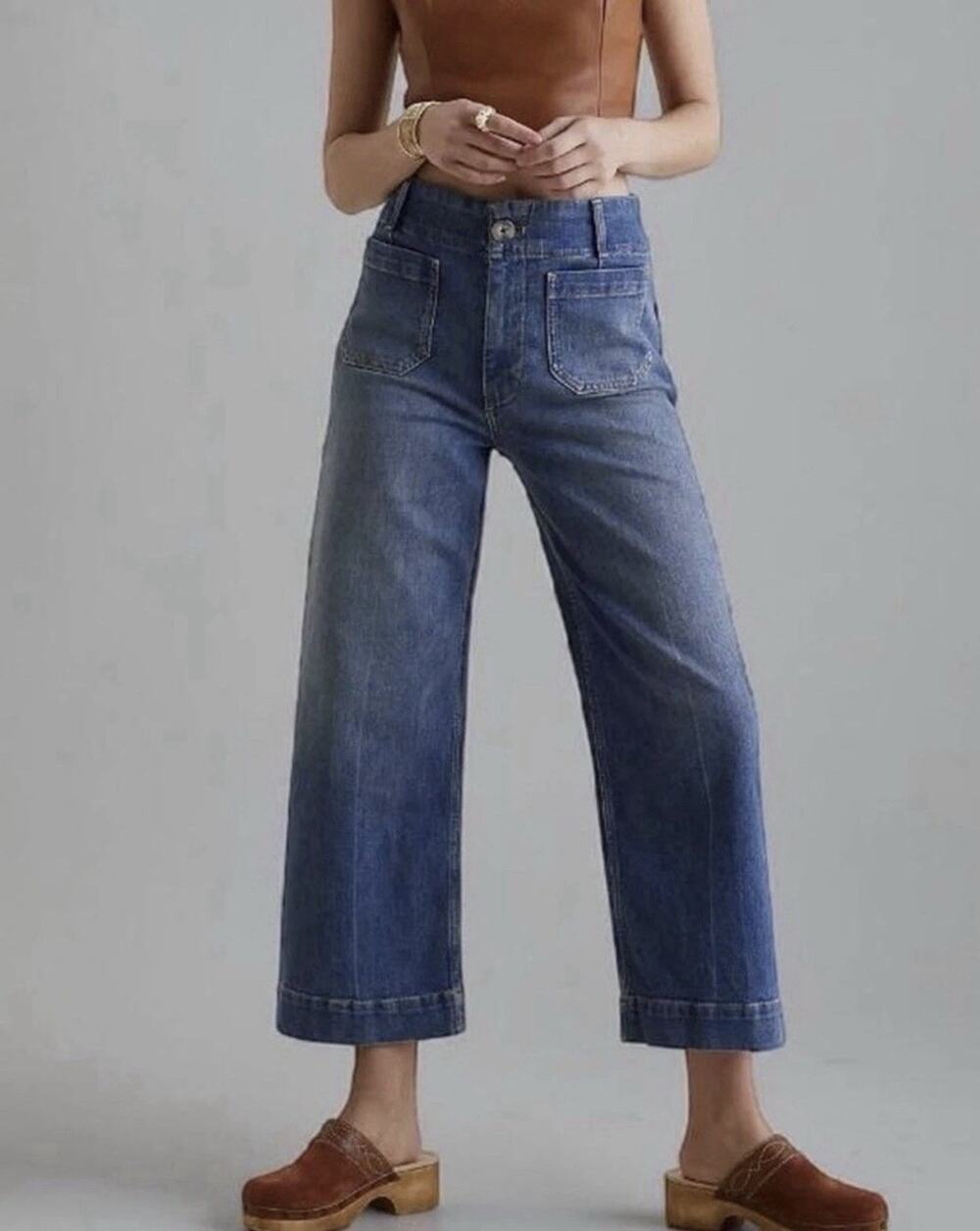 Pilcro The Skipper Jeans Womens 32 Anthropologie High Rise Wide Leg Patch Pocket